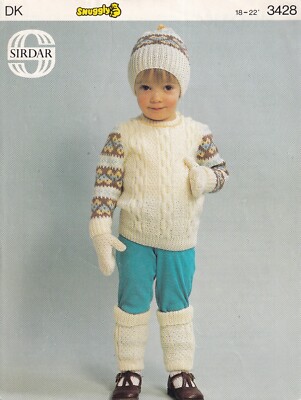 Sirdar 3428 Original Kinder Strickmuster Pullover/Mütze/Fäustlinge/Beinwärmer