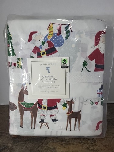Pottery Barn Kids Organic Flannel Jolly Santa Christmas Full Sheet Set