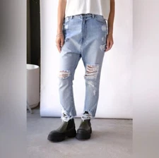 NWT SER.O.YA Omar Drop Crotch Boyfriend Lakewood Distressed Denim Blue Jeans 28