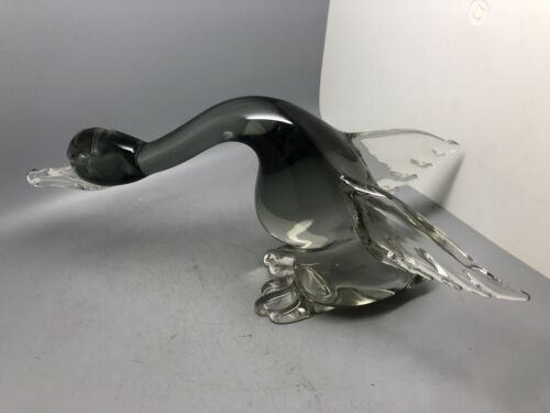Murano Large Smokey Grey &amp; Clear Sommerso Art Glass Duck Figurine 