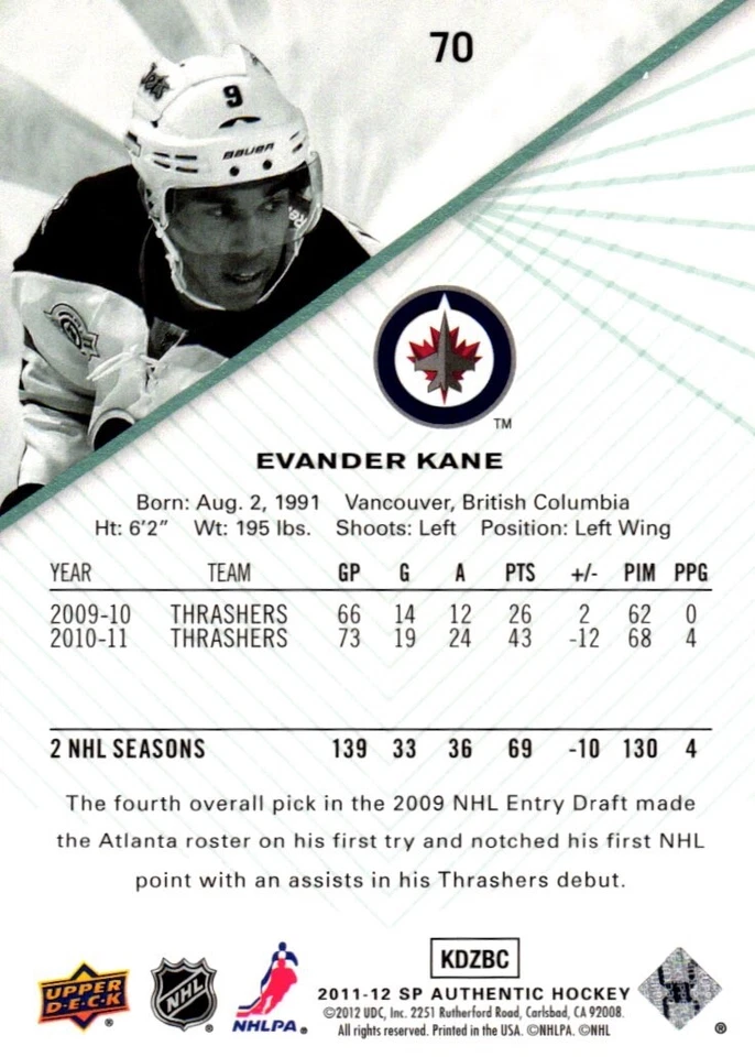 2011-12 Upper Deck SP Authentic - Evander Kane #70 Trading Card - Image 2 of 2