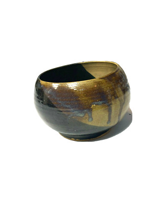 Vintage Artist Signed Pottery Bowl Drip Glaze Brown Black Green Linda 4 Ceramics