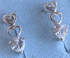 925 STERLING SILVER Triple Heart CZ open Dangle Earrings-BEAUTIFUL 