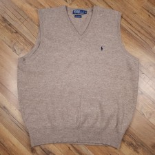Vintage Polo Ralph Lauren Sweater Vest Mens XL Tan Lambswool V-Neck Knit Logo