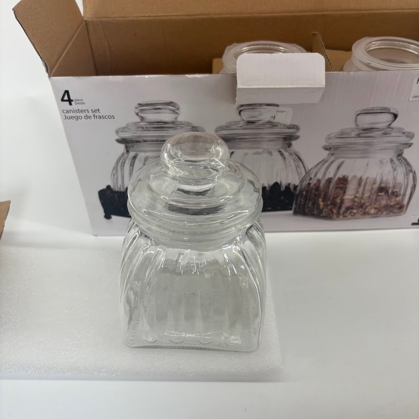 Home Essentials by Kirklands NIB 4 Canisters set Glass Sealed Lid Metal Tray thumbnail 3