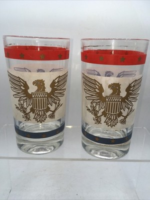 Vtg Pair MCM Eagle American Flag Frosted High Ball 8 Ounce Barware Glass