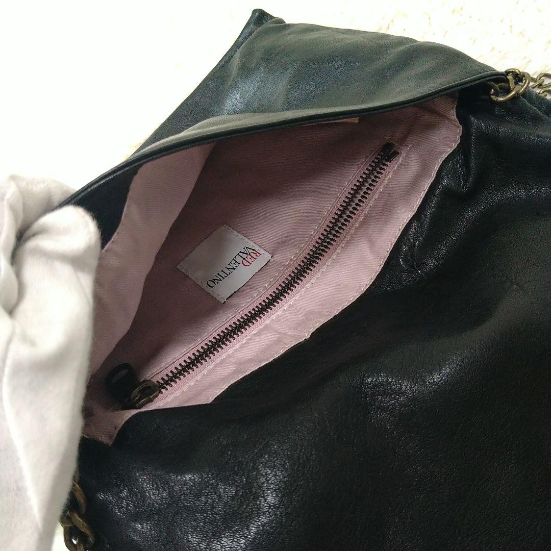 Red Valentino Shoulder Bag Purse Clutch Chain Ribbon Leather Black Authentic thumbnail 12