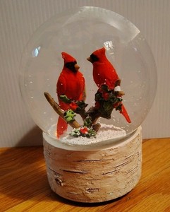 Cardinals and Christmas Holly Musical Snow Globe RAZ Imports 6.25" Tall x 5" Dia
