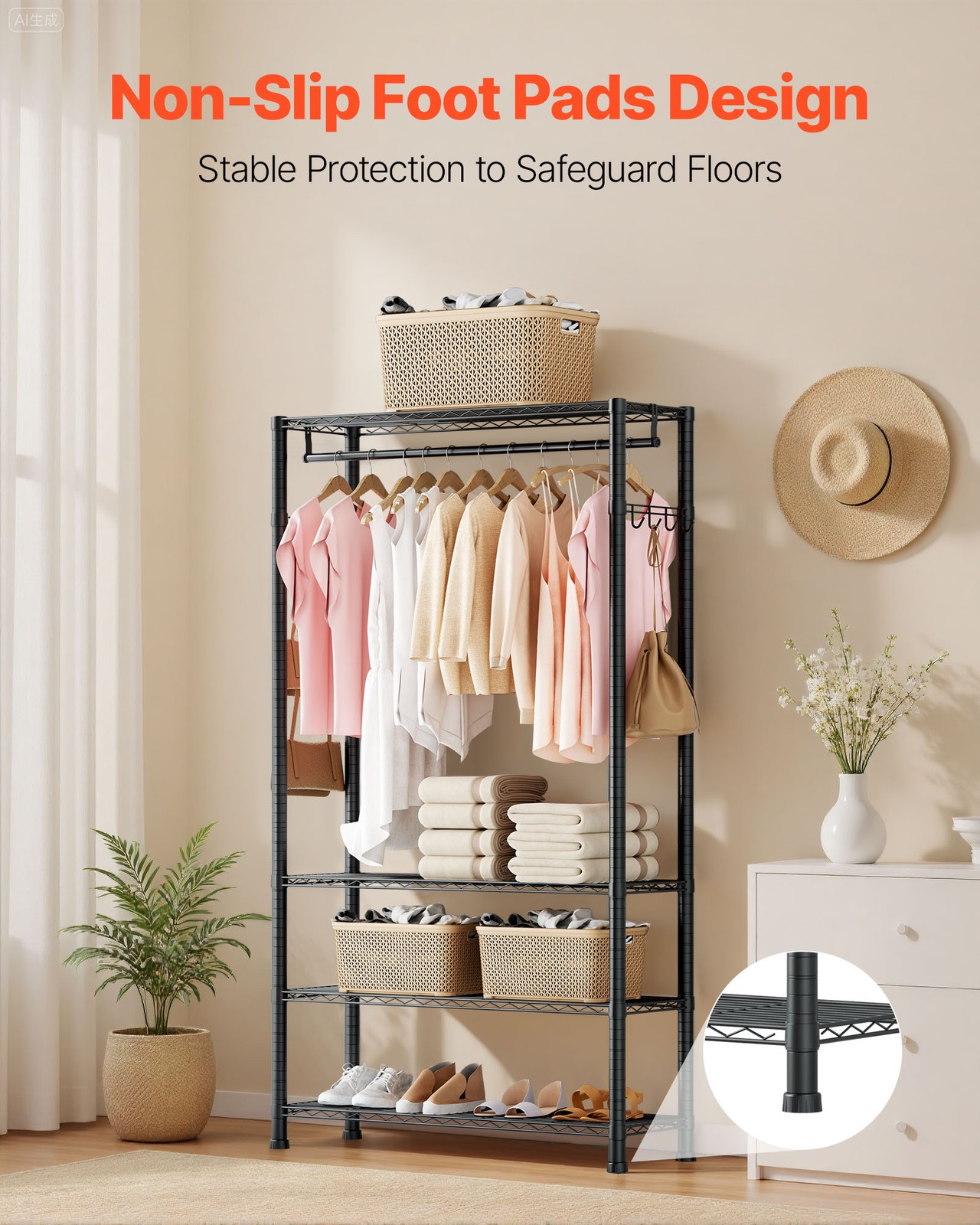 VEVOR Clothing Garment Rack 4 Tiers Adjustable Height Closet Wardrobe Rack Black