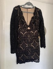 Love Triangle black long sleeve crochet dress with skin colour lining Size 10