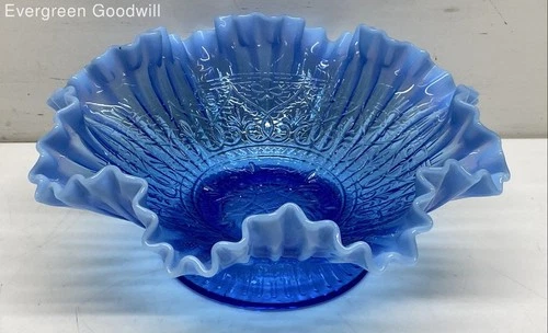 Fenton Art Glass Blue Opalescent Hearts & Flowers Ruffled Bowl