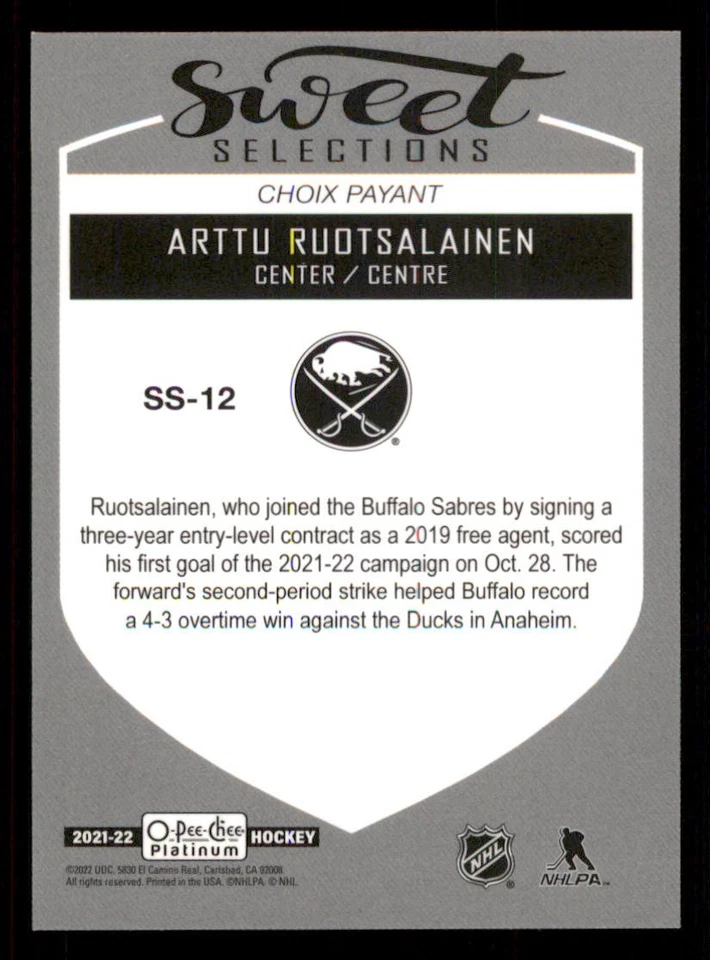 2021-22 O-Pee-Chee Platinum Sweet Selections #SS12 Arttu Ruotsalainen - Image 2 of 2