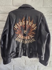 Harley-Davidson 2003 Embroidered Mens Leather Jacket Flames &ldquo;Ride Free&rdquo;   Sz L