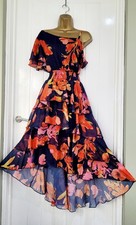 Quiz size 14 blue red orange floral chiffon floaty tiered dipped hem dress VGC