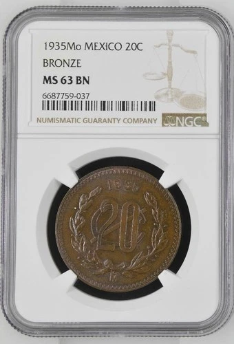 Mexico 20 Centavos 1935 Mo Bronze NGC MS 63 BN