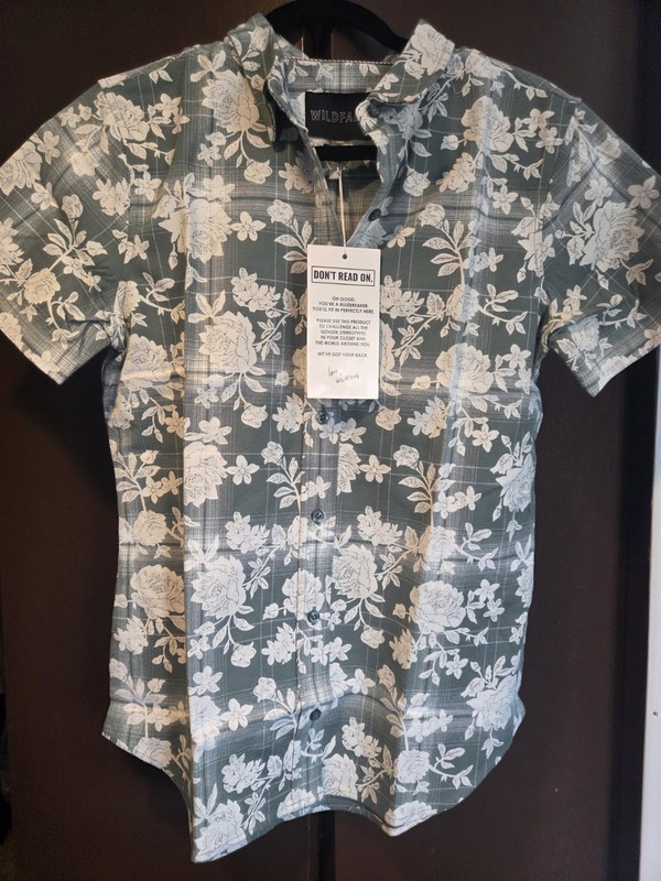 Wildfang Unisex Floral Button-Up Shirt Green/White Point Collar Short Sleeve S