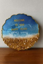 Handmade Resin Beach Art Plaque– “Welcome to Our Happy Place” Coastal Home Decor