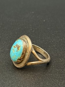 Vintage Navajo Turquoise Ring Sterling Silver Signed Nizkoni Split Shank US 6