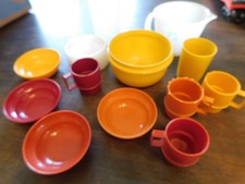 Vintage Tupper Toys Lot of 12 pieces Kitchen Toys Cups Pitcher Bowls Red Yellow