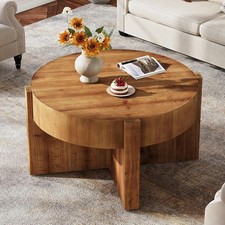 Solid Wood Round Coffee Table 32 Inch Farmhouse Center Tea Table for Living Room