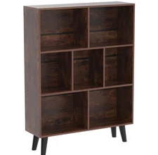 3-Tier Mid-Century Bookshelf, Rustic Brown Wood Bookcase with Legs, Open Storage
