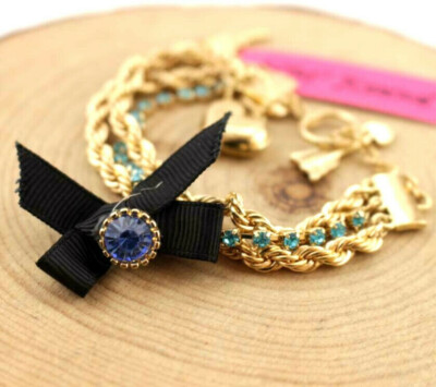 Betsey Johnson Crystal Blue Bow Key Charm Gold Braided Bracelet Free Gift Bag