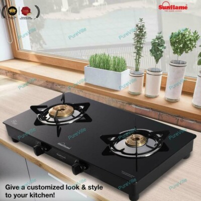 Sunflame Nova Toughened Glass Brass Burner Gas Stove Manual Ignition  Black