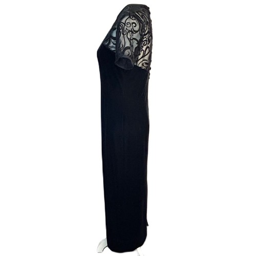 Vntg Donna Morgan Velvet Formal Maxi Dress Sz 6 Short Sleeve Sheer Button Black - Picture 3 of 14