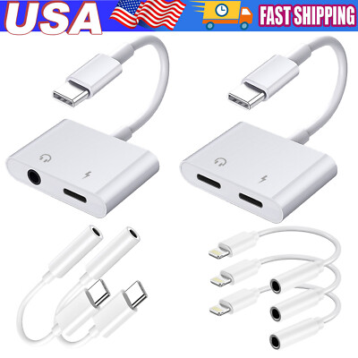 2 in 1 Charger Headphone USB Type C to 3.5mm Aux Audio Cable Cord Adapter Lot