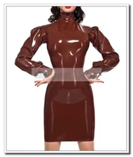 Latex Dress Puff Sleeve High Neck Style Back Zip Brown Shirtdress Customize D114