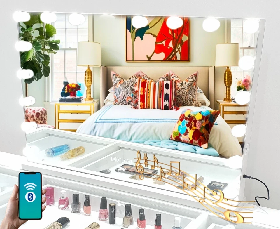 7seas Hollywood Vanity Mirror 80x62cm HD Bluetooth Speaker 18 LED Bulbs Pro UK - Image 2 of 4