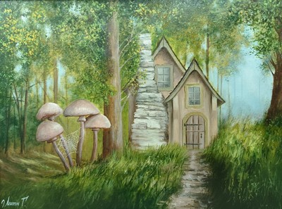 Fairy house Original Oil painting Fairy forest Fairytale lake landscape