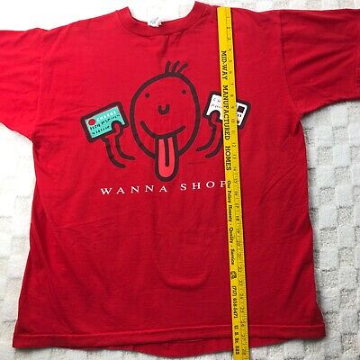 VINTAGE 90s Funny Wanna Shop Shirt Womens XL Red Single VINTAGE 90s Funny Wanna Shop Shirt Womens XL Red Single