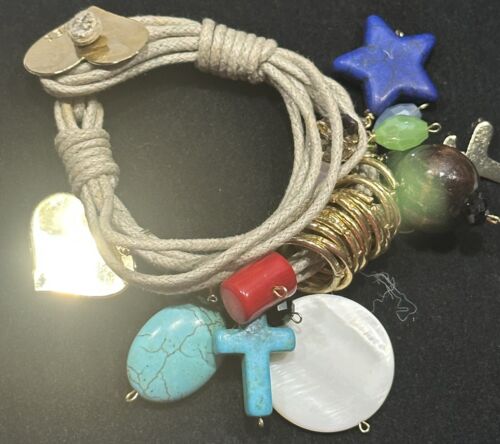 Handmade Women’s Bracelet Heart Charm & Gemstones Signed Maye’s - Leather Cord - Afbeelding 1 van 14