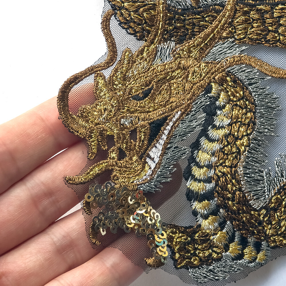 Large Golden Dragon Sequin Embroidered Applique Sew on Patch DIY Jackets  Dress