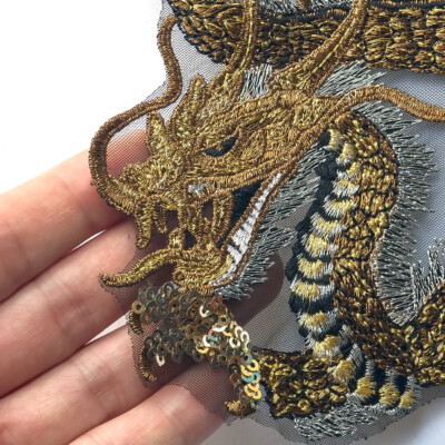 Large Golden Dragon Sequin Embroidered Applique Sew on Patch DIY