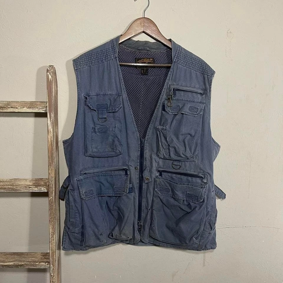 Vintage 80s Eddie Bauer Faded Blue Fishing Zip Vest size Large