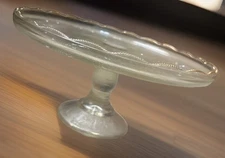 Jeanette Glass Co Lyre Harp Scroll Gold Trim Pedestal Cake Plate Stand Vintage