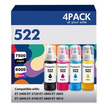 4 PACK 522 Ink Fit Epsn. 522 Ink ET-2400 ET-2720 ET-2800 ET-2803 ET-2840 ET-4700