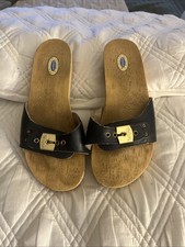 Dr. Scholls Original Collection Wooden Sole Sandal Navy Blue Leather Size 7M