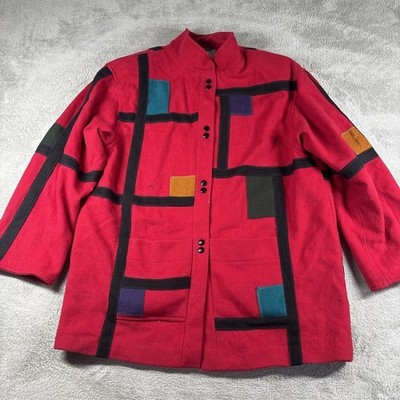 Vtg 80s International Scene Wool Coat colorful bright colorblock Women's 13/14