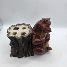 Vintage Brown Bear Tree Stump 4 Hole Pencil Pen Holder Figurine Rustic Cabin