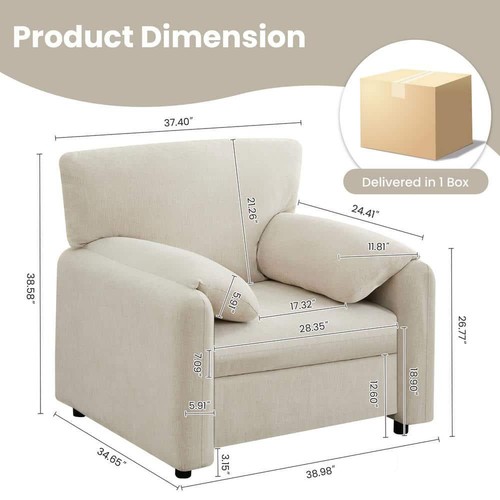 39 In. Wide Beige Chenille Oversized Arm Chair Modern Accent Chair Single Sofa - Picture 3 of 12
