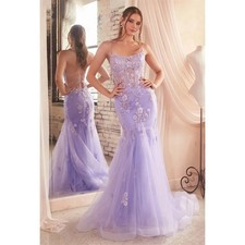 Lavender Lace Embroidery Mermaid Prom Dress Sleeveless Spaghetti Strap Backless