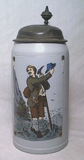 LARGE ANTIQUE METTLACH No. 1650 MOUNTAINEER TAPESTRY 1 LITER LIDDED BEER STEIN
