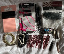 Lot 90  Hair Pins, Jeweled Ponytail Cuff, Elastic Rubber Bands, Barrettes