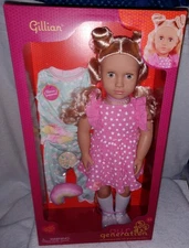 Our Generation Gillian 18" Doll with Pink Dress & Rainbow Pajama Outfit New