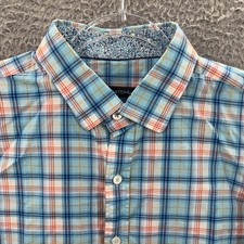 BUGATCHI Shirt Mens Large Shaped Fit Blue Plaid Long Sleeve Button Up Flip Cuff
