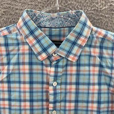 BUGATCHI Shirt Mens Large Shaped Fit Blue Plaid Long Sleeve Button Up Flip Cuff