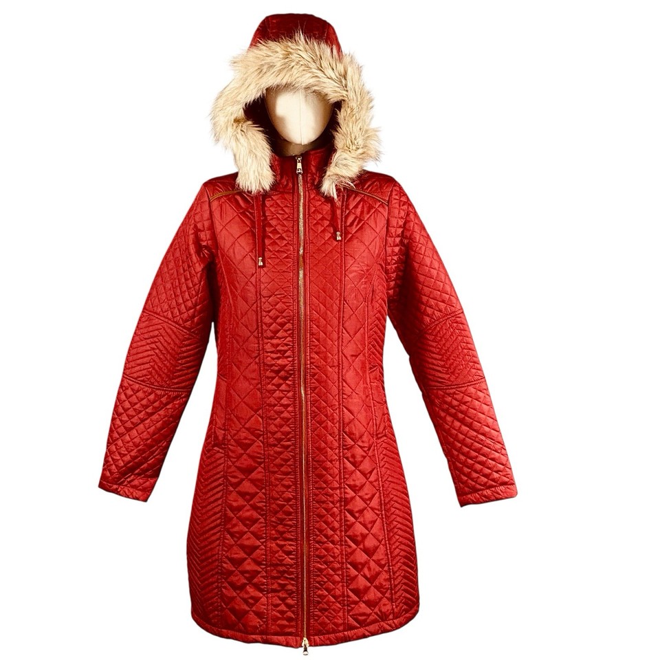 Quilted Hooded Coat Women's Size M Dark Red Faux Fur Trim Warm Insulated Parker